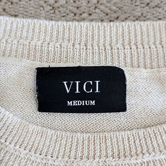 Vici Cream Tan Brown Striped Crew Neck Sweater - Size Medium - Picture 3 of 13